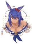 1girl animal_ears bare_shoulders bent_over blue_hair breasts cleavage collarbone hair_between_eyes hair_ornament hairclip hanging_breasts highres large_breasts no_bra original red_eyes sailor_collar scrunchie solo tan tanline thomasz upper_body 