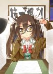  1girl :t ahoge bangs blush bow bowtie brown_hair cardigan closed_mouth collared_shirt desk desk_lamp eyebrows eyebrows_visible_through_hair flat_chest frame frown glasses hair_between_eyes hair_ribbon hand_up head_rest holding holding_pencil indoors kantai_collection lamp long_hair long_sleeves looking_at_viewer motion_lines night night_sky open_cardigan open_clothes paper_stack pencil red_bow red_bowtie ribbon scratching_head shirt sky sleeves_past_wrists solo squiggle tone_(kantai_collection) twintails umino_mokuzu_(shizumisou) unbuttoned upper_body wall white_ribbon white_shirt window yellow_eyes 