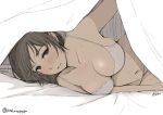  1girl arakure bed_sheet breasts brown_eyes brown_hair cleavage large_breasts looking_at_viewer lying navel on_side open_mouth original outstretched_arm signature sketch solo sweat twitter_username under_covers 