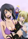  3girls anna_clement bare_shoulders black_hair blonde_hair breasts cat cleavage clenched_hands code_geass:_boukoku_no_akito collarbone covering_mouth green_eyes hair_ornament hand_over_own_mouth highres kousaka_ayano leila_(code_geass) long_hair medium_breasts multiple_girls one_eye_closed open_mouth pink_eyes purple_background purple_hair purple_shirt shiny shiny_skin shirt short_hair sideboob simple_background uniform violet_eyes white_shirt 