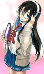  1girl adjusting_hair artist_name black_hair blue_eyes book cardigan from_above glasses headband highres kantai_collection looking_to_the_side miniskirt ooyodo_(kantai_collection) pleated_skirt ryou@ryou sailor_collar semi-rimless_glasses skirt smile solo standing 
