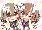  2girls anchor_symbol brown_eyes brown_hair commentary_request eyebrows eyebrows_visible_through_hair fang folded_ponytail hair_ornament hairclip ikazuchi_(kantai_collection) ikazuchi_(kantai_collection)_(cosplay) inazuma_(kantai_collection) inazuma_(kantai_collection)_(cosplay) jako_(jakoo21) kantai_collection long_hair look-alike looking_at_viewer multiple_girls neckerchief one_eye_closed open_mouth school_uniform serafuku short_hair star starry_background 