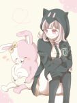  1girl dangan_ronpa flipped_hair hood hoodie knees_to_chest mikuni_(open-ranka) monomi_(dangan_ronpa) nanami_chiaki pink_eyes short_hair smile super_dangan_ronpa_2 