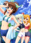  3girls :d absurdres ahoge bare_shoulders blonde_hair blush body_blush bottle bottle_to_cheek breasts brown_hair collarbone einhart_stratos exercise fuuka_reventon green_eyes green_hair gym_shorts hair_ribbon hand_on_head hand_on_hip heterochromia highres leg_up long_hair lyrical_nanoha midriff multiple_girls navel nyantype official_art one_eye_closed open_mouth ponytail red_eyes ribbon scan shiny shiny_hair shorts small_breasts smile sports_bra sweat towel tree twintails two_side_up violet_eyes vivid_strike! vivio water_bottle 