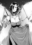  1girl antennae breasts carapace cleavage dress greyscale highres insect_girl insect_wings jewelry looking_at_viewer monochrome monster_girl moth_girl multiple_arms necklace original parted_lips regura short_hair skirt skirt_lift smile wings 