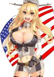 1girl american_flag blonde_hair blue_eyes breasts cleavage elbow_gloves fingerless_gloves front-tie_top garter_straps gloves highres iga_(violator) iowa_(kantai_collection) kantai_collection large_breasts miniskirt skirt standing star star-shaped_pupils symbol-shaped_pupils thigh-highs 