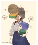  3girls blue_hair brown_hair chibi face_hug hair_ribbon hakama heart hiryuu_(kantai_collection) ina_(1813576) japanese_clothes kaga_(kantai_collection) kantai_collection multiple_girls ribbon short_sidetail short_twintails souryuu_(kantai_collection) spoken_heart twintails twitter_username younger 