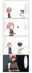  4koma absurdres admiral_(kantai_collection) apple black_hair comic commentary_request food fruit furuhara gloves hat highres kantai_collection military military_hat military_uniform pink_hair pleated_skirt ponytail school_uniform shiranui_(kantai_collection) skirt sword translation_request tray uniform vest weapon white_gloves 