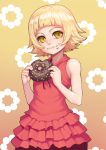  1girl :t absurdres bakemonogatari bangs bare_shoulders blonde_hair blunt_bangs blush doughnut dress eating food food_on_face gonster highres kizumonogatari looking_at_viewer monogatari_(series) oshino_shinobu pointy_ears revision short_hair sleeveless sleeveless_dress smile solo spiky_hair yellow_eyes 