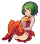  1girl :d adapted_costume ascot ass blush collared_shirt full_body green_hair high_heels kazami_yuuka long_sleeves looking_at_viewer miniskirt no_panties open_clothes open_mouth open_vest pink_eyes plaid plaid_legwear plaid_vest red_shoes shiny shiny_hair shirt shoes short_hair skirt smile solo thighs touhou vest white_shirt zuttokodomo 