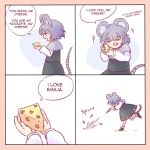  4koma :d =_= animal_ears black_dress black_shoes capelet cheese closed_eyes comic commentary dress english grey_hair highres holding mouse_ears mouse_tail nazrin open_mouth parody re:zero_kara_hajimeru_isekai_seikatsu rubbing shoes simple_background smile speech_bubble tail throwing touhou white_background yoruny 