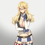  1girl american_flag bespectacled blonde_hair blue_eyes breasts cleavage elbow_gloves fingerless_gloves front-tie_top garter_straps glasses gloves iowa_(kantai_collection) kantai_collection large_breasts miniskirt navel skirt smile standing star star-shaped_pupils striped striped_legwear symbol-shaped_pupils taka_(vert_320) thigh-highs vertical-striped_legwear vertical_stripes 