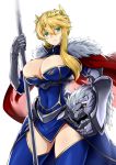 1girl artoria_pendragon_lancer_(fate/grand_order) blonde_hair blue_eyes blue_legwear breasts cape cleavage covered_navel fate/grand_order fate_(series) fur_trim gauntlets headwear_removed helmet helmet_removed highres holding holding_weapon kurobuchi_numama large_breasts long_hair looking_at_viewer revision saber simple_background solo thigh-highs weapon white_background 