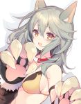  1girl :3 :d animal_ears bikini breasts claw_(weapon) claws collar erun_(granblue_fantasy) granblue_fantasy grey_hair hair_between_eyes long_hair mayachi_(amuriya) medium_breasts open_mouth orange_eyes paw_print sen_(granblue_fantasy) sideboob smile solo swimsuit weapon yellow_bikini 