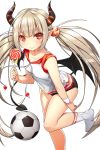  1girl adjusting_clothes adjusting_legwear artist_request ball candy demon_horns demon_tail hair_bobbles hair_ornament highres horns light_brown_hair lollipop long_hair looking_at_viewer official_art pointy_ears red_eyes renee_(soccer_spirits) smile soccer_ball soccer_spirits socks standing standing_on_one_leg tail twintails white_legwear wings 
