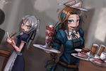  2girls :d blue_eyes blue_hair blurry_background braid brown_hair burn_scar cake dorei_to_no_seikatsu_~teaching_feeling~ dutch_angle food green_eyes grey_eyes grey_hair hair_ribbon heterochromia holding holding_tray jpeg_artifacts long_hair looking_at_viewer maid multicolored_hair multiple_girls nephy_(dorei_to_no_seikatsu) notepad open_mouth parfait parted_lips pen ponytail puffy_short_sleeves puffy_sleeves ray-k ribbon sandwich scar short_sleeves signature single_braid smile streaked_hair sweatdrop sylvie_(dorei_to_no_seikatsu) tray tray_on_head two-tone_hair very_long_hair 