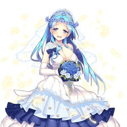  1girl blonde_hair blue_eyes bouquet breasts cleavage dress earrings elbow_gloves feathers flower giuniu gloves hair_over_shoulder holding jewelry large_breasts looking_at_viewer official_art open_mouth original solo transparent_background uchi_no_hime-sama_ga_ichiban_kawaii veil vivienne_(uchi_no_hime-sama_ga_ichiban_kawaii) white_gloves wreath 