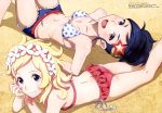  2girls :d absurdres asabuki_kogane bikini blonde_hair blue_eyes blue_hair breasts bubuki_buranki chin_rest frilled_bikini frills from_above hair_ornament highres looking_at_viewer lying multiple_girls navel on_back on_stomach open_mouth pink_bikini polka_dot polka_dot_bikini short_shorts shorts small_breasts smile swimsuit yellow_eyes 