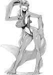  1girl breasts covered_nipples gills goggles greyscale highres large_breasts long_hair midriff monochrome monster_girl open_mouth original pointy_ears regura shark_fin shark_girl sharp_teeth sideboob swimsuit tail teeth 