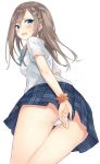  1girl ass azuuru_(azure0608) back blue_eyes blush breasts brown_hair hair_ornament hairclip long_hair looking_at_viewer open_mouth original panties revision school_uniform simple_background solo sweatdrop underwear uniform white_background white_panties 