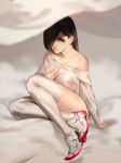  1girl bed_sheet black_hair commentary crossed_ankles gamma_(geoffrey) hair_over_one_eye long_hair nose off_shoulder original pink_eyes scar shoes sitting sneakers solo stitches thigh-highs thighs white white_legwear 