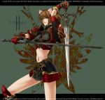  1girl animal_ears armor artist_request boots brown_eyes brown_hair chainmail dual_wielding gauntlets lineage lineage_2 midriff miniskirt navel short_hair skirt solo spaulders sword weapon 