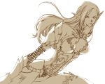  armor artist_request bare_shoulders belt boots chain dark_elf elf lineage lineage_2 lips long_hair monochrome pointy_ears simple_background thigh-highs thigh_boots 