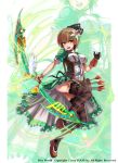  1girl archery arrow belt bow_(weapon) breasts brown_eyes brown_hair character_request diss_world flower full_body gloves hair_flower hair_ornament highres holding holding_weapon looking_at_viewer nail_polish official_art puma_(hyuma1219) shoes short_hair skirt smile solo striped striped_legwear thigh-highs weapon 