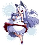  1girl albino black_sclera bubble_skirt chain character_name copyright_name cuffs dress flat_chest frills full_body horns karukan_(monjya) long_hair looking_at_viewer phantom_kingdom pointy_ears pram red_eyes shackles shoes skirt solo white_dress white_hair white_shoes wings 