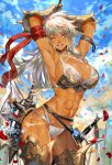  1girl ;d abs armor armored_boots armpits arms_behind_head arms_up axe battle_axe bikini_armor blue_eyes boots breasts dark_skin gauntlets highres large_breasts looking_at_viewer o-ring_bottom one_eye_closed open_mouth overhead_swing ran&#039;ou_(tamago_no_kimi) redhead sharp_teeth sideboob smile solo sword teeth thigh-highs thigh_boots toned weapon 