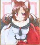  animal_ears breasts brooch brown_hair cleavage covered_nipples dress fang fingernails highres imaizumi_kagerou jewelry large_breasts long_fingernails long_skirt long_sleeves marker_(medium) nail_polish off-shoulder_shirt off_shoulder red_eyes red_nails shirt skirt touhou traditional_media wide_sleeves wolf_ears yuuki_chima 