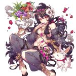  1girl absurdres animal apple arabian_clothes black_hair breasts cleavage eating flower food fruit grapes highres holding lamp long_hair looking_at_viewer medium_breasts pika_(kai9464) smoke solo strawberry uchi_no_hime-sama_ga_ichiban_kawaii white_background yellow_eyes 