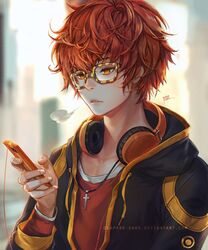  1boy 707_(susanghan_messenger) blurry breath cellphone cross cross_necklace depth_of_field deviantart_username glasses headphones headphones_around_neck hood hoodie jewelry looking_down male_focus messy_hair necklace orange_hair parted_lips phone phong_anh signature smartphone solo susanghan_messenger watermark yellow_eyes 