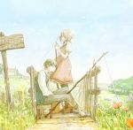  1boy 1girl blue_eyes bridge brown_hair commentary dress fishing fishing_rod flower grass horizon kujyoo light_particles muted_color original path puffy_short_sleeves puffy_sleeves road short_hair short_sleeves sign sitting sky tree 