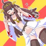  &gt;;d 1girl ;d ahoge aono3 bare_shoulders blue_eyes brown_hair cowboy_shot detached_sleeves double_bun double_v eyebrows eyebrows_visible_through_hair fundoshi hairband headgear highres japanese_clothes jewelry kantai_collection kongou_(kantai_collection) long_hair looking_at_viewer navel nontraditional_miko one_eye_closed open_clothes open_mouth panties ribbon-trimmed_sleeves ribbon_trim smile solo thigh-highs underwear v 
