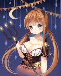  1girl :o belt blue_eyes blush breasts brown_hair capelet cha_chazi cleavage collarbone corset crescent demon_horns halloween horns large_breasts looking_at_viewer low_twintails pitchfork sidelocks solo twintails 