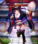  1girl 2016 absurdres architecture black_legwear east_asian_architecture fan full_body geta hair_bun hair_ornament hair_stick hat highres japanese_clothes leaf looking_at_viewer motion_line open_mouth original outdoors solo stairs standing tassel thigh-highs torii violet_eyes watermark wide_sleeves zonekiller10 