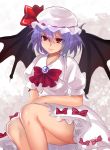  &gt;:) 1girl bangs bat_wings blue_hair bow bowtie brooch closed_mouth dress hat hat_ribbon highres jewelry looking_at_viewer mob_cap puffy_short_sleeves puffy_sleeves red_bow red_bowtie red_eyes red_ribbon remilia_scarlet ribbon short_hair short_sleeves smile solo touhou upper_body white_dress wings x&amp;x&amp;x 