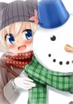  1girl alternate_costume blonde_hair blue_eyes cacao_(cacao0809) gloves hat highres kantai_collection long_hair open_mouth ro-500_(kantai_collection) scarf snowman winter_clothes 