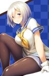  1girl blue_eyes breasts checkered checkered_background commentary_request eyebrows eyebrows_visible_through_hair gloves hair_between_eyes hair_ornament hairclip hamakaze_(kantai_collection) kantai_collection large_breasts looking_at_viewer pantyhose shiny shiny_clothes shirt short_hair short_sleeves silver_hair skirt solo tobi-mura white_gloves white_shirt 