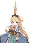 1girl artist_name ato_(haru_ato) blonde_hair blue_eyes charlotta_(granblue_fantasy) crossed_arms crown gauntlets granblue_fantasy highres long_hair looking_at_viewer pointy_ears simple_background solo white_background 