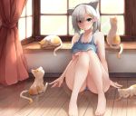  1girl animal_ears barefoot blue_eyes breasts cat cat_ears cat_lingerie curtains eyes_visible_through_hair fake_animal_ears glowing hair_ornament hair_over_one_eye hairclip hamakaze_(kantai_collection) headband kantai_collection large_breasts light nicoby reflection short_hair silver_hair sitting solo window wooden_floor 