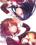  2girls black_hair brown_eyes brown_hair euphonium hibike!_euphonium instrument kousaka_reina long_hair mendou_saya multiple_girls oumae_kumiko school_uniform serafuku short_hair trumpet upside-down violet_eyes 