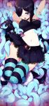  1girl arms_up black_hair breasts fishnets hair_over_one_eye highres lace lace-trimmed_skirt midriff navel open_mouth original skirt sticky_(stickysheep) striped striped_legwear tentacles thigh-highs 