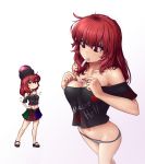  1girl bare_shoulders belt blush breasts cleavage clothes_writing collar grey_panties hand_on_hip hat hater_(hatater) hecatia_lapislazuli highres long_hair midriff mouth_hold navel no_pants panties polos_crown red_eyes redhead shirt simple_background skirt solo t-shirt touhou underwear white_background 