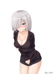  1girl absurdres akur_kaff artist_name black_sweater blush breasts cleavage closed_mouth collarbone cowboy_shot dress hair_ornament hair_over_one_eye hairclip hamakaze_(kantai_collection) highres kantai_collection leaning_forward medium_breasts nose_blush short_hair silver_hair simple_background sleeves_past_wrists solo standing sweater sweater_dress white_background 
