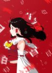  1girl arms_at_sides ascot black_hair bow breasts commentary_request detached_sleeves expressionless eyelashes frilled_bow frilled_shirt_collar frills hair_bow hair_tubes hakurei_reimu highres kanji kitano_(kitanosnowwhite) layered_clothing medium_breasts midriff profile red_background red_eyes red_shirt red_skirt ribbon-trimmed_sleeves ribbon_trim shirt signature skirt sleeveless sleeveless_shirt solo touhou translated upper_body wide_sleeves wind 
