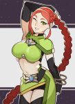  1girl arm_up armpits black_hair braid breasts cassie_(paladins) green_eyes highres long_hair looking_at_viewer medium_breasts navel one_eye_closed paladins redhead smile solo splashbrush thigh-highs thighs very_long_hair 