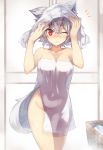  1girl :o animal_ears bangs bei_mochi collarbone drying_hair highres indoors inubashiri_momiji naked_towel one_eye_closed red_eyes short_hair solo standing tail touhou towel towel_on_head white_hair wolf_ears wolf_tail 