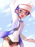  1girl :d arm_up dokidoki!_precure glasses hat kagami_chihiro kenzaki_makoto necktie open_mouth precure purple_hair red-framed_eyewear semi-rimless_glasses short_hair shorts smile solo_focus under-rim_glasses violet_eyes 